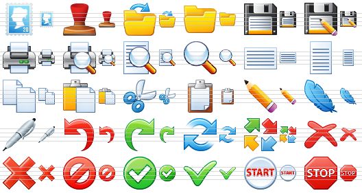 small email icons - postage stamp, stamp, open file, open, save file, save as, print, print preview, preview, view, landscape, portrait, copy, paste, cut, clipboard, edit, feather, pen, undo, redo, refresh, synchronize, erase, delete, no, ok, yes, start, stop icon