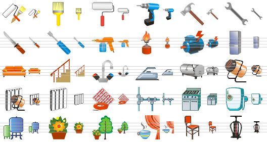 small homeware icons - instrument, brush, roller, drill, hammer, wrench, knife, screwdriver, pulverizer, burner, generator, refrigerator, sofa, stairs, kitchen tap, home technics, boiler, heater, heat equipment, radiator, cable heating, pipes and fittings, stove, water heater, tanks, flowers, landscape, house goods, furniture, pump icon