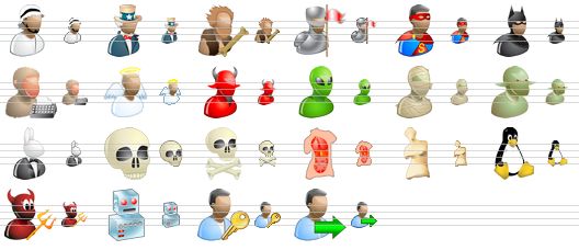 small people icons - arab, uncle sam, barbarian, knight, superman, batman, clever monkey, angel, devil, alien, mummy, orc, playboy, skull, death, anatomy, sculpture, linux penguin, freebsd, robot, login, logout icon
