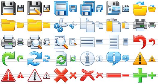 small toolbar icons - save file, save as, save, save all, save picture, open file, open, folder, cut, copy, paste, printer, print, print preview, preview, landscape, portrait, undo, redo, refresh, refresh document, info, about, warning, error, problem, delete, erase, remove, add icon