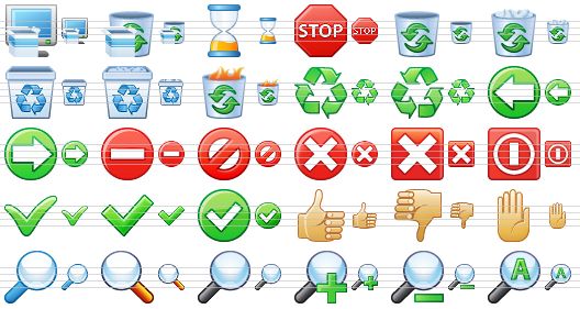 small toolbar icons - install, uninstall, hourglass, stop, empty dustbin, full dustbin, empty trash can, full trash can, burning trash can, clockwise, counter clockwise, back, forward, no entry, no, cancel, close, turn off, yes, tick, ok, good mark, bad mark, hand, blue magnifier, view, zoom, zoom in, zoom out, auto zoom icon