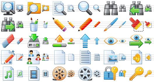 small toolbar icons - find on computer, find in folder, search text, find, search, search previous, search next, graphic tools, edit, red pencil, brush, clear, eraser, download, upload, update, eye, lookup, object manager, work area, new file, text file, graphic file, sound document, midi document, video file, multimedia file, film, secrecy, registration icon