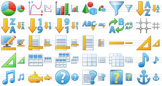 small toolbar icons - pie chart, chart, graph, objects, filter, sorting a-z, sorting z-a, sorting 1-9, sorting 9-1, spell checking, text replace, grid, screen settings, rulers, horizontal ruler, vertical ruler, ruler, set square, green set square, table, tables, datasheet, detasheets, music, music notes, yellow submarine, question, how to, help, anchor icon