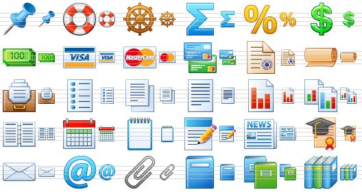 small toolbar icons - pin, ring-buoy, steering wheel, sum, percent, dollar, money, visa card, maestro card, credit cards, certificate, roll, card file, list, lists, text, report, reports, blanks, calendar, notepad, notes, newspaper, knowledge, mail, e-mail, attach, book, books, book library icon
