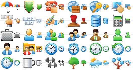 small toolbar icons - umbrella, shield, voice identification, firewall, internet access, access, login, keyboard, signature, stamp, database, calculator, brief case, user, user group, managers, engineer, green user, user profile, users folder, time, timer, clock, history, schedule, coffee, dumb-bells, tree, weather, genealogy icon