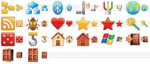 small toolbar icons - hierarchy, flow block, bluetooth, wireless, cable, earth, rss, bug, heart, star, red star, wizard, dice, construction, home, red house, microsoft flag, exit, open door, closed door icon