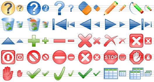software toolbar icons - query, support, question, clear, modify, writing pencil, empty dustbin, full dustbin, first, prior, next, last, edit, add, remove, delete, erase, close, turn off, no, no entry, cancel, stop, abort, terminate, yes, apply, tick, table, tables icon