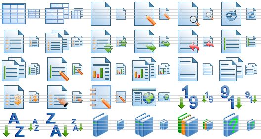 software toolbar icons - datasheet, datasheets, new document, edit document, preview document, refresh document, list, lists, scroll list, export text, import text, form, forms, order form, report, reports, blank, blanks, price list, properties, notes, web site, sorting 9-1, sorting 1-9, sorting a-z, sorting z-a, book, books, library, help icon