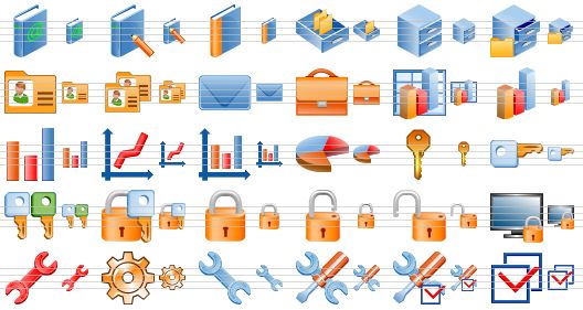 software toolbar icons - address book, book of record, case history, card file, card index, open card index, card, cards, mail, brief case, 3d bar chart, 3d bar graph, bar graph, chart, graph, pie chart, key, access key, keys, secrecy, lock, unlock, open lock, local security policy, repair, pinion, tools, settings, check options, check boxes icon