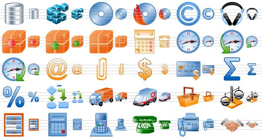 software toolbar icons - database, registry, cd, burn cd, copyright, headphones, pack, unpack, archive, calendar, clock, history, schedule, e-mail, attach, dollar, money, sum, percent, flow block, delivery, ambulance car, product basket, scales, book-keeping, calculator, telephone, phone, fax, handshake icon