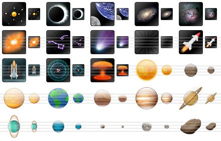 space icons - solar system, solar eclipse, earth and moon, galaxy, nebula, supernova, constellation, comet, black hole, rocket, shuttle, atom, nuclear explosion, sun, mercury, venus, earth, mars, jupiter, saturn, uranus, neptune, pluto, moon, asteroid icon