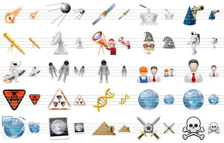 space icons - meteorite, first satellite, satellite, moon-buggy, astronomy, telescope, radio-telescope, astronomer, astrologer, robot, space flight, astronauts, astronaut, staff, engineer, biological hazard, radiation, dna, position data, internet, gps, photo, pyramid, star wars, death icon