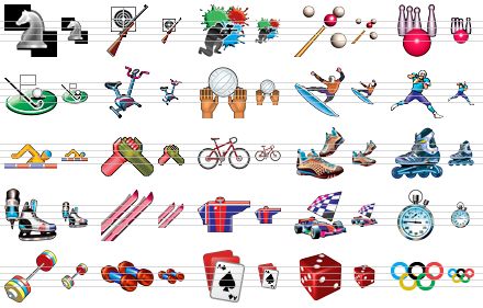 sport icons - chess, hunting, paint-ball, billiard, bowling, golf, cycling, volley-ball, surfing, soccer, swimming, wrestling, bike, shoes, roller skates, skates, skis, casual look garment, formula-1, stop-watch, weight, dumb-bells, poker, dice, olympic games icon