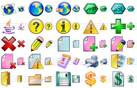 standard admin icons - www, web, ftp account, php, ssl, java, about, info, error, add, remove, modify, page, add account, edit account, remove account, error page, calendar, print, documents, empty folder, folder, save file, dollar, price list icon