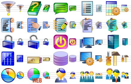 standard admin icons - filter, help, hint, list, table view, logs, properties, notes, reports, texts, lock, unlock, logout, computer, server, host, account, database, settings, tools, statistics, web statistics, user, user group, customers icon