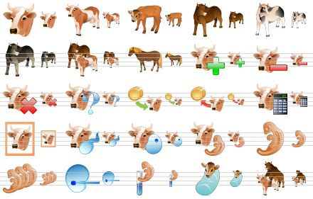 standard agriculture icons - cow head, cow, calf, bull, bull v2, bull v3, cattle, horse, add cow, delete cow, kill cow, cow state, buy cow, sell cow, count cow, cow image, cow insemination, cow ovule, cow embryo, embryo, embryos, in vitro, in vitro v2, calf born, bullmate icon