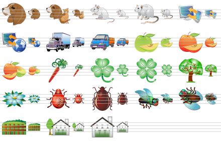 standard agriculture icons - dog head, pets, mouse, rat, pc-pda, web-pc, cow wagon, pick-up, green apple, red apple, apples, carrot, clover leaf, four-leafed clover, tree, flower, bug, tick, fly, dead fly, farm fence, farm, home icon