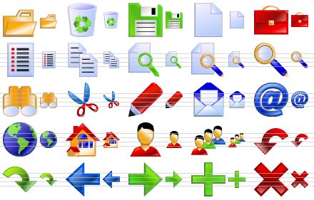 standard application icons - folder, empty dustbin, save, new, brief case, list, copy, preview, view document, zoom, search, cut, edit, mail, e-mail, web, home, user, user group, undo, redo, go back, go forward, add, delete icon