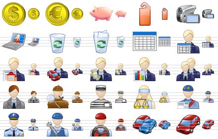 standard business icons - dollar coin, euro coin, piggy-bank, tag, camcoder, visual communication, empty dustbin, full dustbin, form, appointment, realtor, car buyer, financier, marketer, managers, boss, detective, prisoner, themis, postman, police officer, motor- mechanic, driver, cars, red car icon