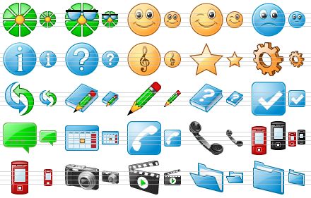 standard dating icons - online, invisible, happy, wink, sad, info, help, music, favourites, settings, refresh, notes, write, help book, voting, comment, calendar, phone number, phone, phones, cell phone, photos, videos, open folder, closed folder icon