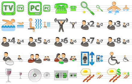 standard hotel icons - tv, pc, phone, sport court, whirlpool bath, swimming pool, sauna, fitness room, people x2, people x3, people x4, people x5, people x6, people x7, people x8, room service, people, family, elevator, disabled, evening reception, dvd, vcr, free breakfast, breakfast icon