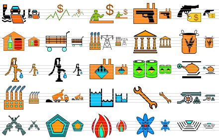 standard infrastructure icons - ferry terminal, financial exchanges, financial services other, firearm manufacturers, firearm retailers, food production center, food retail, generation stations, government site infrastructure, grain storage, ground well, ground well v2, hazardous material production, hazardous material storage, helicopter landing site, industrial site, landfill, lock, maintenance facility, military armory, military base, military infrastructure, natural gas facilities, nuclear facilities, open facility icon