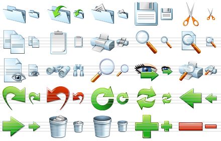 standard software icons - folder, open, documents, save, cut, copy, paste, print, view, preview, view file, find, search, lookup, search printer, redo, undo, renew, refresh, go back, go forward, full dustbin, empty dustbin, add, remove icon