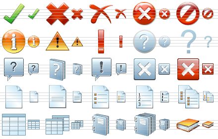 standard software icons - apply, delete, erase, cancel, no, info, warning, problem, query, help, hint, help book, about, close button, close, new file, text file, list, numbered list, lists, data sheet, datasheets, report, reports, book icon