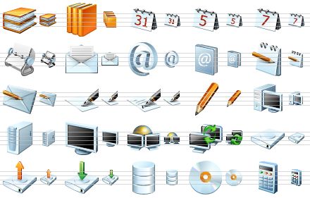 standard software icons - books, library, calendar, date, week, card file, mail, e-mail, address book, note, write e-mail, no signature, signature, pencil, computer, server, screen, web, data transmission, hard disk, upload, download, database, cd, calculator icon