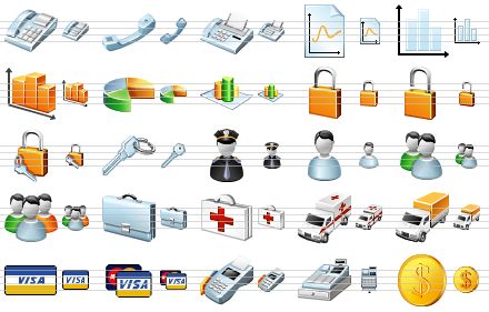 standard software icons - telephone, phone receiver, fax, chart, graph, 3d graph, pie chart, bar chart, lock, unlock, secrecy, key, police-officer, user, users, user group, brief case, first aid, ambulance car, delivery, visa card, credit cards, pos terminal, cash register, money icon