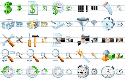 standard software icons - dollar, price list, credit, bar code, bar code scanner, basket, full basket, login, filter, gear, settings, options, properties, access, handshake, zoom, zoom in, zoom out, wizard, objects, history, schedule, clock, alarm clock, timer icon
