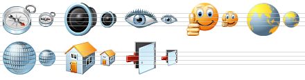 standard software icons - compass, sound, eye, ok smile, earth, globe, home, exit icon