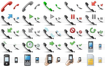 standard telephone icons - hang up, hang up v2, dial, dial v2, missed calls, make a call, unhold, unhold v2, hold, hold v2, answer, answer v2, active calls, not ready, redial, on dialtone, idle, offering, ready, mobile phone, cell phone, smart phone, call up, dialing, sim card icon