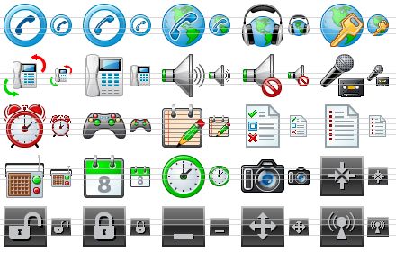 standard telephone icons - phone number, telephone number, ip telephony, voip, internet access, tapi, phone, sound, mute, record, alarm clock, games, notes, to do list, list, fm radio, calendar, clock, camera, reduce window, unlock position, lock position, hide window, expand window, connected icon
