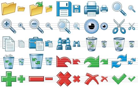standard toolbar icons - folder, open file, save file, print, zoom, zoom in, zoom out, preview, view, cut, copy, paste, search, full recycle bin, empty recycle bin, dustbin, empty dustbin, undo, redo, refresh, add, remove, delete, erase, apply icon