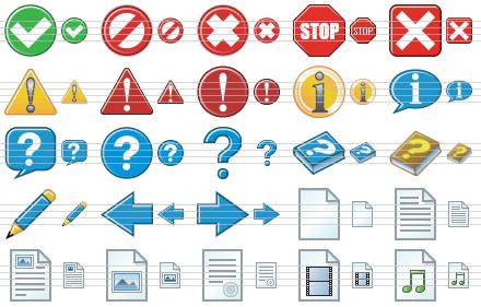 standard toolbar icons - yes, no, cancel, stop, close, warning, error, problem, info, about, hint, support, question, help, help book, edit, go back, go forward, new, text file, text and image, graphic file, document, video file, midi file icon