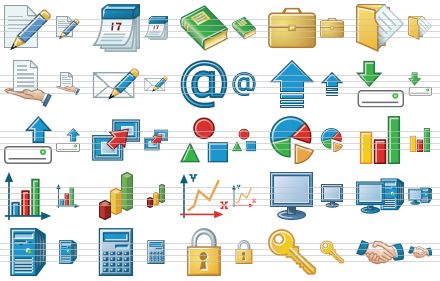 standard toolbar icons - edit page, calendar, book, brief case, documents, file sharing, write e-mail, e-mail, update, download, upload, data transmission, objects, pie chart, bar chart, graph, 3d chart, chart, display, computer, server, calculator, lock, key, handshake icon