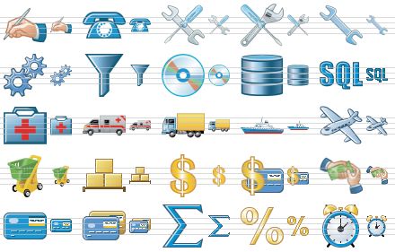 standard toolbar icons - signature, telephone, settings, options, wrench, config, filter, cd-disk, database, sql, first aid, ambulance car, delivery, ship, airplane, hand cart, goods, dollar, money, payment, visa card, credit cards, sum, percent, time icon