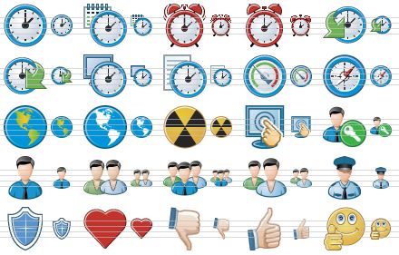 standard toolbar icons - clock, date, alarm, alarm clock, history, schedule, time machine, time management, gauge, compass, earth, web, atomic, access, login, user, users, user group, customers, police-officer, shield, heart, bad mark, good mark, smile icon