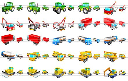 standard transport icons - wheeled tractor v1, wheeled tractor v2, wheeled tractor v3, wheeled tractor v4, tow truck v1, tow truck v2, towtruck v3, tow truck v4, truck v1, truck v2, truck red v3, truck red v4, tank truck v1, tank truck v2, tank truck v3, tank truck v4, crane truck v1, crane truck v2, crane truck v3, crane truck v4, bulldozer v1, bulldozer v2, buldozer v3, buldozer v4, excavator v1 icon