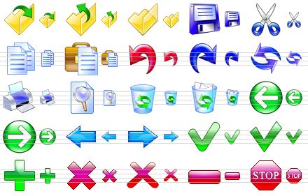 stock toolbar icons - open file, up folder, folder, save file, cut, copy, paste, undo, redo, refresh, printer, preview, empty dustbin, full dustbin, back, forward, go back, go forward, apply, yes, add, delete, erase, remove, stop icon