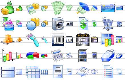 stock toolbar icons - money bag, money, cash, insurance, credit card, credit cards, income, safe, price list, hand cart, pallet, bar-code scanner, bar-code, bank, 3d bar chart, graph, pie chart, calculator, calc, card file, table, tables, report, reports, list icon