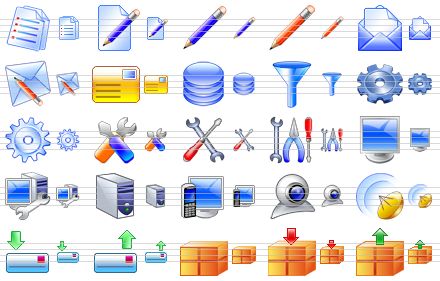 stock toolbar icons - lists, edit page, edit, pencil, mail, write e-mail, message, database, filter, configuration, gear, options, settings, tools, computer, system configuration, server, cellphone and monitor, webcam, radio transmitter, download, upload, archive, pack, extract icon