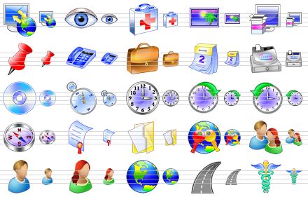stock toolbar icons - web synchronization, eye, first aid, image, install, pin, telephone, brief case, calendar, cash register, cd-disk, timer, time, schedule, history, compass, certificate, documents, internet access, people, man, woman, earth, road, health care icon