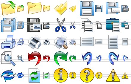 toolbar icon set - open file, open, folder, save file, save as, save all, save picture, cut, copy, paste, print, printer, print preview, landscape, portrait, preview, undo, redo, undo v2, redo v2, refresh, refresh document, info, about, warning icon
