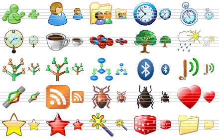 toolbar icon set - green user, user profile, users folder, time, timer, clock, coffee, dumb-bells, tree, weather, genealogy, hierarchy, flow block, bluetooth, wireless, cable, rss, bug, tick, heart, star, red star, wizard, dice, folder v1 icon