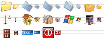 toolbar icon set - folder v2, folder v3, open folder v3, open files v3, folder v4, construction, home, red house, microsoft flag, open door, closed door, exit, turn off icon