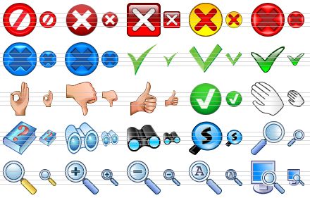 toolbar icon set - no, cancel, close, close v2, close-red, close-light, close-dark, yes, yes v2, yes v3, ok, bad mark, good mark, ok v2, hand, help, binoculars, search v2, magnifier, blue magnifier, yellow magnifier, zoom in, zoom out, auto zoom, find on computer icon