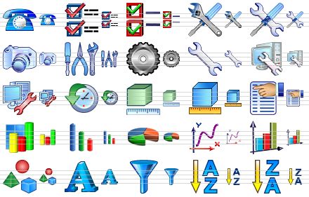 toolbar icon set - telephone, check boxes, check options, options, settings, camera, tools, gear, wrench, repair, repair computer, history, units, measure, properties, 3d bar chart, bar graph, pie chart, chart, graph, objects, text, filter, sorting a-z, sorting z-a icon