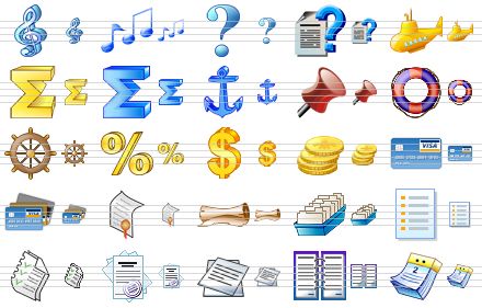 toolbar icon set - music, music notes, question, how to, yellow submarine, sum, sum v2, anchor, pin, ring-buoy, steering-wheel, percent, dollar, money, visa card, credit cards, certificate, roll, card file, list, lists, report, reports, blanks, calendar icon